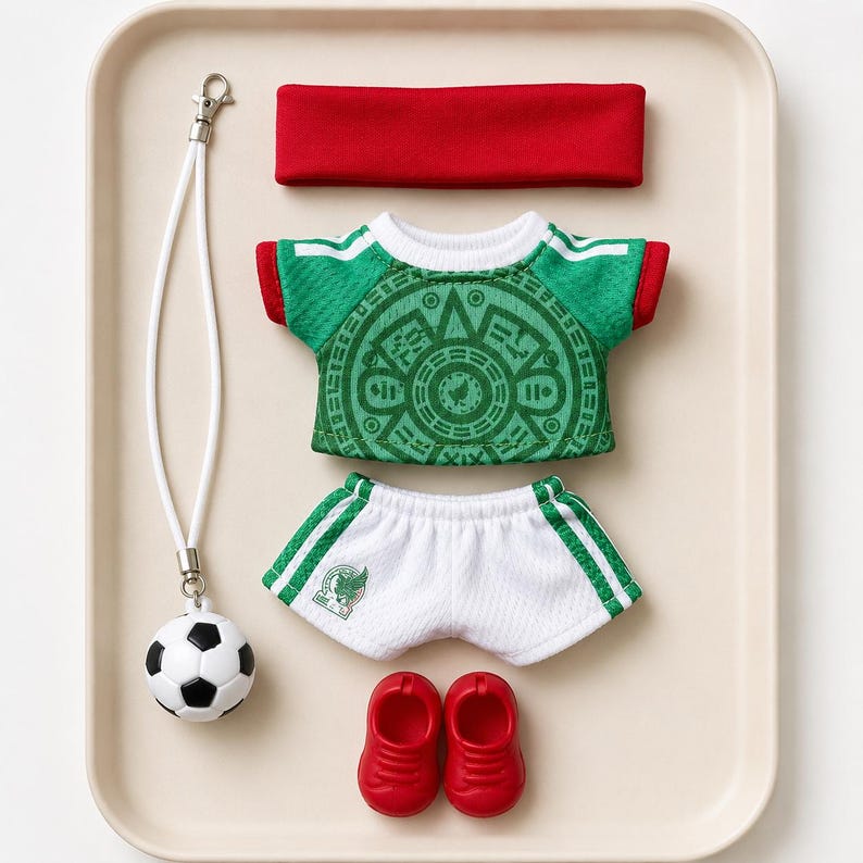 May include: A doll-sized football kit comprising a green jersey featuring a circular Aztec-style graphic, white shorts with green side stripes and a small emblem, a red headband, a pair of red shoes, and a football attached to a white lanyard.
