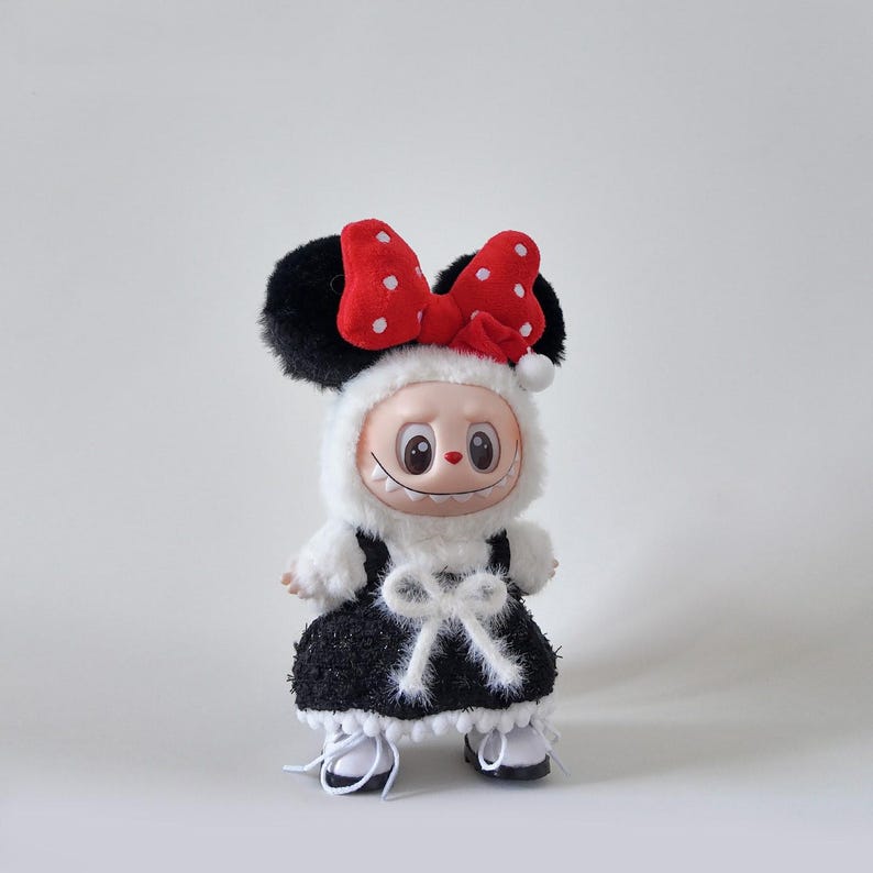 Labubu Clothes Mickey Minnie Inspired 3-Piece Outfit Handmade 17cm Doll Dress Ears image 2