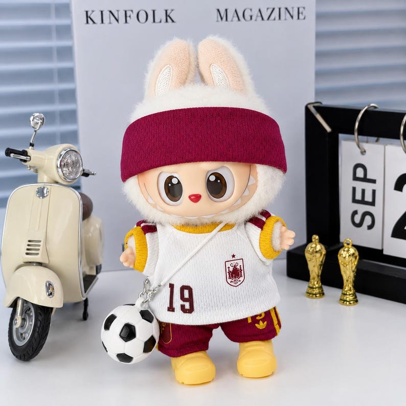 May include: A plush rabbit doll wearing a maroon headband, a white jersey with the number 19 and a red emblem, and maroon shorts. The doll has large brown eyes, a small red nose, and carries a small white and black football accessory.