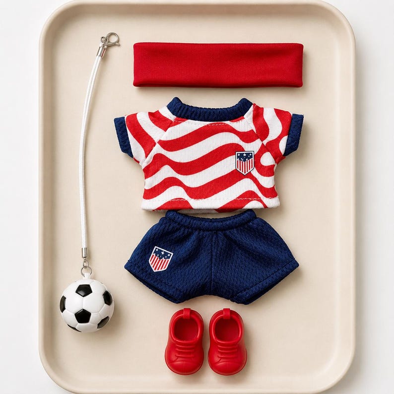 May include: A doll-sized sports outfit consisting of a red headband, a short-sleeved shirt with a red and white wavy pattern and a shield emblem, dark blue athletic shorts with a matching shield emblem, red shoes, and a football on a white cord.