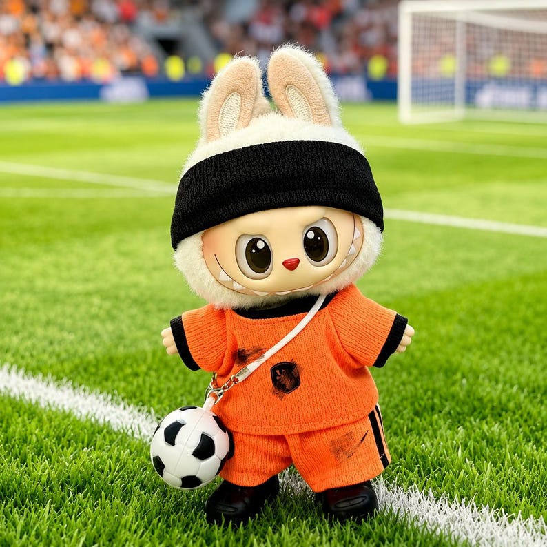 May include: A plush rabbit doll with a white fuzzy head, large eyes, and a wide grin, wearing a black headband and an orange athletic jersey with matching shorts. A small black and white football is attached to the doll by a white strap.