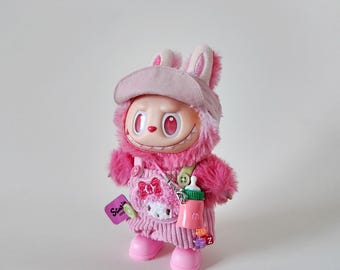 Conjunto de ropa de conejito rosa de tercera generación para fiesta de Labubu, accesorios de disfraz de moda rosa para la muñeca Monsters