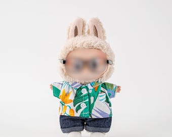 Conjunto de verano para muñeca de 17 cm: camisa hawaiana y pantalones cortos, ropa para muñecas con orejas de conejo, ropa para muñecas en miniatura hecha a mano.