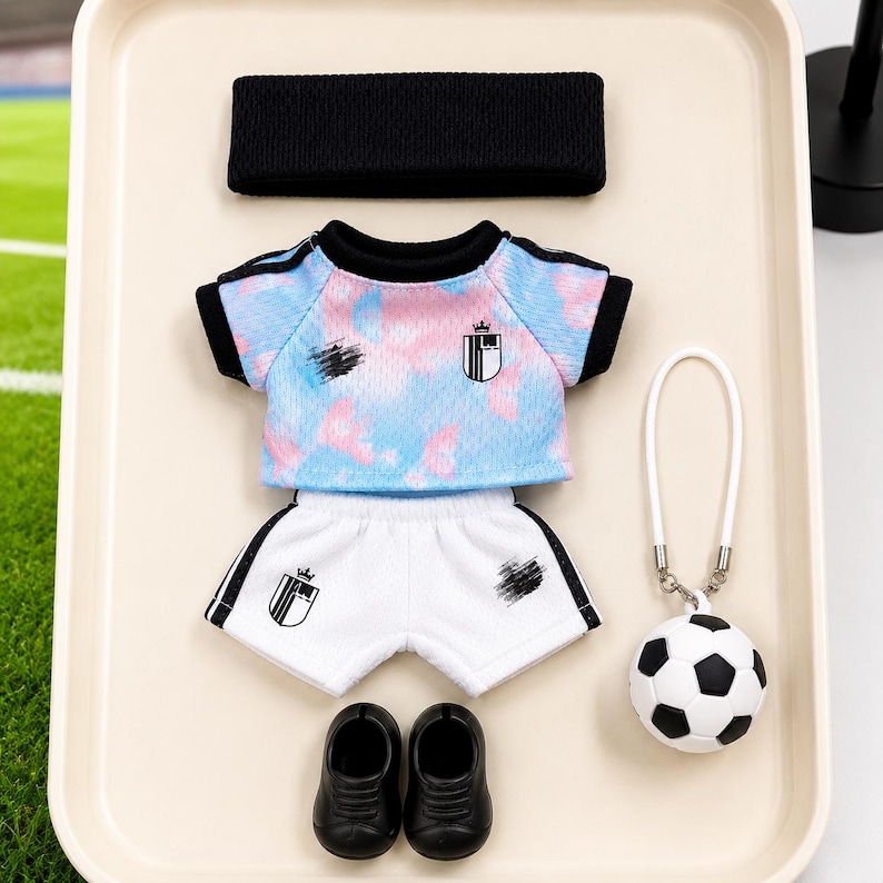 May include: A doll-sized sports outfit consisting of a light blue and pink tie-dye t-shirt with black trim, white shorts with black side stripes, a black headband, a pair of black shoes, and a white keychain featuring a black and white football.