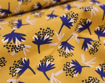 Tela de lona amarilla con estampado floral azul - tejido de algodón resistente, ideal para bolsos, ropa, decoración y cojines. Se vende por metro.