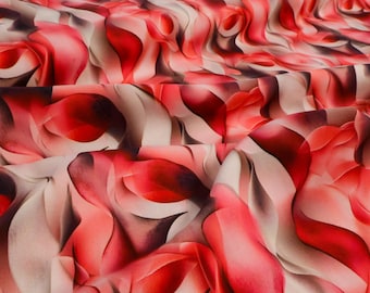 Tejido de viscosa con estampado abstracto en rojo, beige y gris: tejido veraniego fluido, ligero y brillante, ideal para vestidos, blusas y tops.