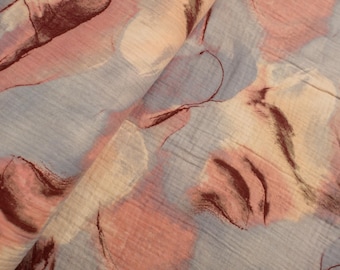 Tela de muselina con estampado abstracto de acuarela en rosa y azul - gasa doble de algodón, suave y vaporosa, tela de verano para prendas de vestir.