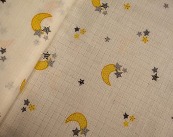 Tela de muselina con luna y estrellas, color beige - gasa doble de algodón, suave y vaporosa, tela para ropa y mantas de bebé.