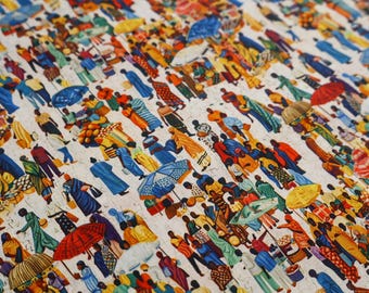 Tela de algodón colorida con una escena de gente y mercado: tela especial para ropa y decoración.