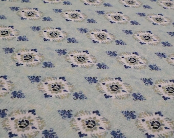 Tela de algodón con pequeño estampado ornamental, azul - tejido ligero, estampado floral geométrico vintage, para vestidos y blusas