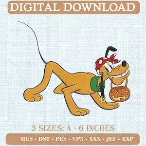 Puede incluir: Un diseño de bordado de un perro amarillo con un pañuelo rojo de lunares blancos y un collar verde, sosteniendo un cubo de calabaza naranja en la boca. El texto dice DIGITAL DOWNLOAD, 3 SIZES: 4 - 6 INCHES, HUS - DST - PES - VP3 - XXX - JEF - EXP.