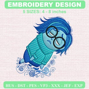 May include: An embroidery design featuring a blue character with messy hair and round black glasses, wearing a teal turtleneck sweater. The text reads EMBROIDERY DESIGN 5 SIZES: 4 - 8 inches, with file formats HUS, DST, PES, VP3, XXX, JEF, EXP.