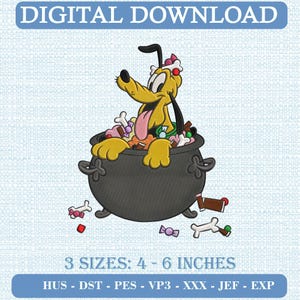 Puede incluir: Un diseño de bordado digital con un perro de dibujos animados amarillo con lengua rosa sentado dentro de un caldero negro lleno de huesos y dulces. El texto dice DIGITAL DOWNLOAD y 3 SIZES: 10 - 15 CM con formatos HUS, DST, PES, VP3, XXX, JEF, EXP.