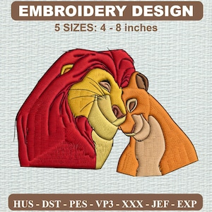 May include: An embroidery design featuring two lions nuzzling, with text reading EMBROIDERY DESIGN, 5 SIZES: 4 - 8 inches, and file formats HUS - DST - PES - VP3 - XXX - JEF - EXP. The lions have red and yellow fur with brown accents.