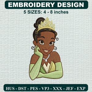 Disney Tiana Princess Embroidered Embroidery Design, Clean Modern Apparel Pattern, DST PES Files for 4x4 Hoop