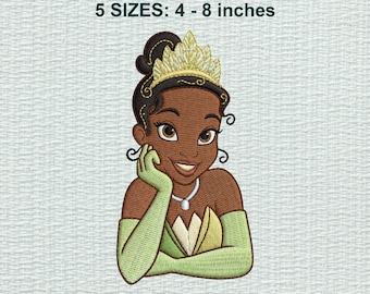 May include: An embroidery design featuring a cartoon character with dark skin, brown eyes, and dark hair styled in an updo with a gold crown. The character wears a light green dress and matching long gloves, with a silver necklace. Text reads EMBROIDERY DESIGN 5 SIZES: 4 - 8 inches HUS - DST - PES - VP3 - XXX - JEF - EXP.