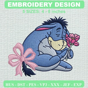 May include: An embroidery design featuring a blue donkey character holding a pink flower with a pink bow attached to its tail. The text reads EMBROIDERY DESIGN and 5 SIZES: 4 - 8 inches. File formats include HUS, DST, PES, VP3, XXX, JEF, and EXP.