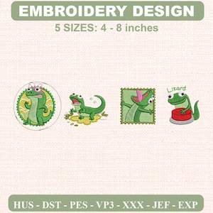 May include: An embroidery design featuring four green lizard illustrations. The first is in a circle with pink glasses, the second stands on a yellow patch, the third is in a square frame, and the fourth presses a red button labeled Lizard.
