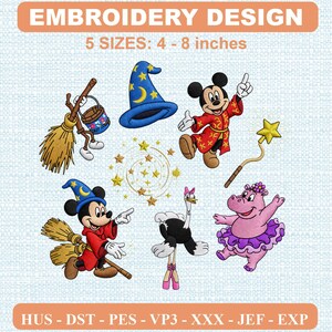 Pode incluir: Design de bordado com chapéu de mago azul, rato com túnica vermelha, vassoura com balde, varinha de estrela, estrelas em espiral, avestruz com sapatilhas de balé rosa e hipopótamo rosa com tutu, texto: EMBROIDERY DESIGN 5 SIZES: 4 - 8 inches.