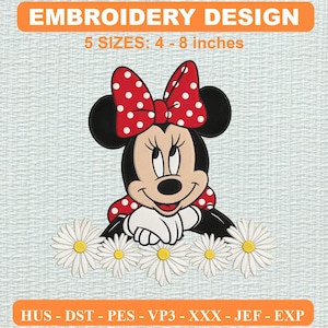 May include: An embroidery design featuring a cartoon mouse with a red and white polka dot bow, resting hands on a row of white daisies with yellow centers. Text reads EMBROIDERY DESIGN, 5 SIZES: 4 - 8 inches, and HUS - DST - PES - VP3 - XXX - JEF - EXP.