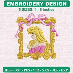 Może przedstawiać: Wzór haftu przedstawiający profil blondynki w różowej sukience w złotej, ozdobnej ramie z różową kokardą. Tekst brzmi EMBROIDERY DESIGN, 5 SIZES: 4 - 8 inches, oraz formaty plików HUS, DST, PES, VP3, XXX, JEF, EXP.