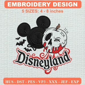 May include: An embroidery design featuring a black mouse-ear silhouette, a white skull-patterned apple with red accents, and small black bats. The text reads "Disneyland" in a stylized font, with "EMBROIDERY DESIGN" and "5 SIZES: 4 - 8 inches" above.