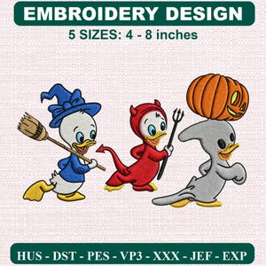 May include: Embroidery design featuring three cartoon ducks in Halloween costumes. One wears a blue witch hat and holds a broom, one is in a red devil suit with a pitchfork, and one is a grey ghost balancing an orange jack-o'-lantern. 5 sizes: 4-8 inches.