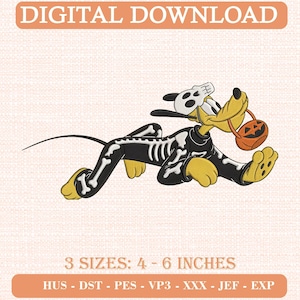 Könnte beinhalten: Ein Stickmuster eines gelben Hundes in einem schwarzen Skelettkostüm mit Totenkopfkappe, der einen orangefarbenen Kürbiseimer hält. Der Text lautet DIGITAL DOWNLOAD, 3 SIZES: 4 - 6 INCHES, sowie die Dateiformate HUS, DST, PES, VP3, XXX, JEF, EXP.