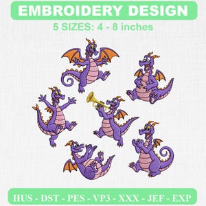 May include: An embroidery design featuring six purple dragons with light pink bellies and orange-accented wings in various poses, including one playing a gold trumpet. The text reads EMBROIDERY DESIGN and 5 SIZES: 4 - 8 inches, with file formats listed below.