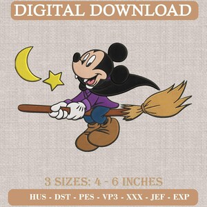 May include: A digital embroidery design featuring a cartoon mouse dressed as a vampire with a black cape, flying on a broomstick. A yellow crescent moon and star are nearby. Text reads DIGITAL DOWNLOAD and 3 SIZES: 4 - 6 INCHES with file formats.
