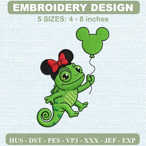 May include: An embroidery design featuring a green chameleon wearing black mouse ears with a red bow, holding a green balloon. The text reads EMBROIDERY DESIGN, 5 SIZES: 4 - 8 inches, and HUS - DST - PES - VP3 - XXX - JEF - EXP.