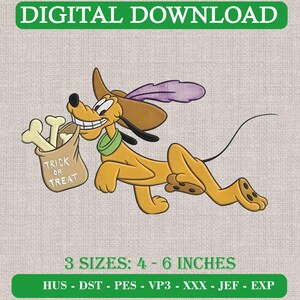 Disegno per ricamo di Plutone per Halloween, cane dei cartoni animati che fa "Dolcetto o scherzetto" (download digitale)