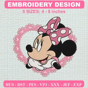 May include: An embroidery design featuring a cartoon mouse character with a pink polka-dot bow, framed by a pink heart-shaped lace border. The text reads EMBROIDERY DESIGN and 5 SIZES: 10.16 - 20.32 cm, with file formats HUS, DST, PES, VP3, XXX, JEF, EXP.