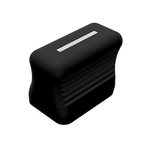 May include: A black rectangular knob with a white indicator line on top. The sides of the knob have a ridged texture. This control knob is likely for audio equipment or other electronic devices.