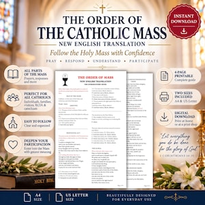 Puede incluir: Una guía digital imprimible titulada The Order of the Catholic Mass New English Translation. El documento presenta texto negro sobre páginas blancas, incluyendo los ritos introductorios, el acto penitencial y el Gloria. Guía de 4 páginas.