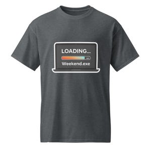 May include: A dark heather grey short-sleeve t-shirt featuring a graphic of a laptop screen displaying the text LOADING... and Weekend.exe with a colourful progress bar. The design is centred on the chest of the shirt, which has a crew neckline.