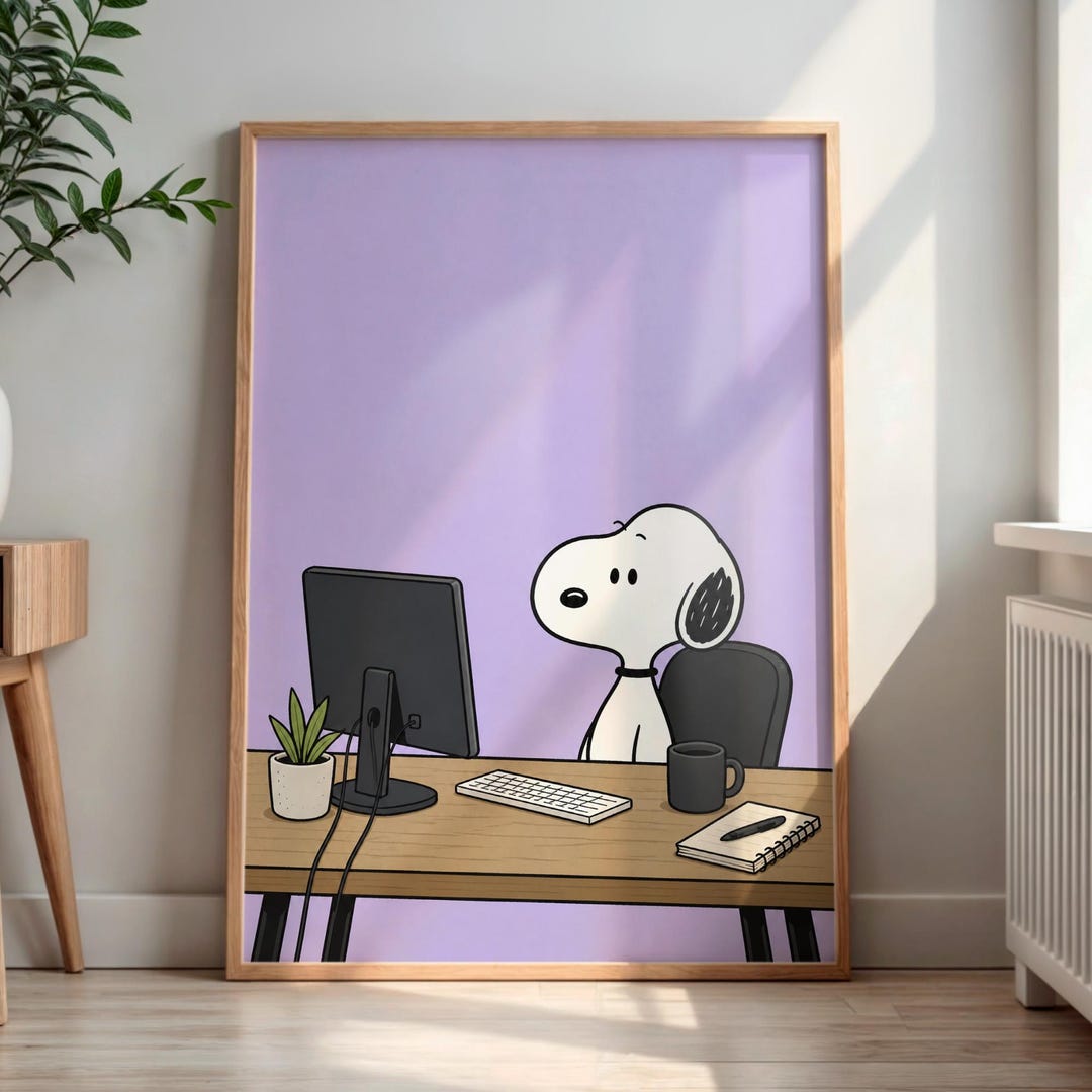 Snoopy Office Computer Desk Poster, Funny Dog Working Purple Wall Art ...