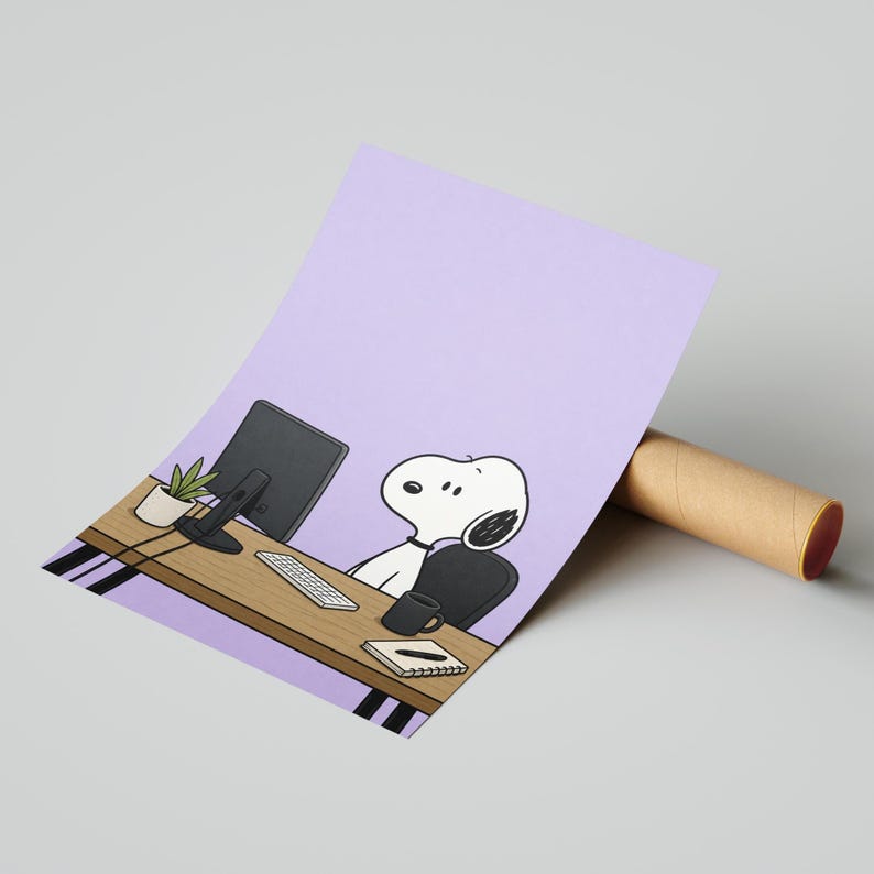 Snoopy Office Computer Desk Poster, Funny Dog Working Purple Wall Art ...