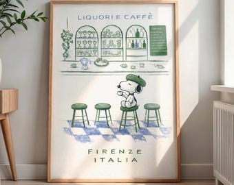 Snoopy Italian Cafe Wall Art, Snoopy Firenze Poster, Snoopy Coffee Illustration, Snoopy Travel Decor, Home Decor Print