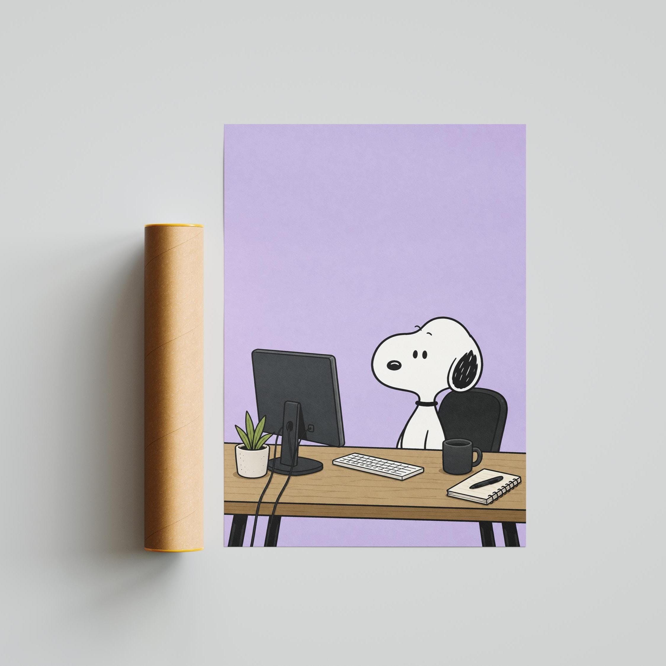 Snoopy Office Computer Desk Poster, Funny Dog Working Purple Wall Art ...