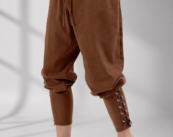 LARP Renaissance Medieval Trouser - Cotton Linen Pirate Trouser with High Waist, Lace-Up Leg, Button Front, Viking Cosplay Trousers