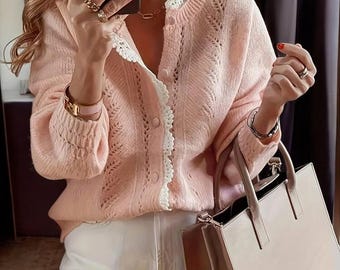 Cardigan for Autumn & Winter | Elegant Lace Patchwork Knit Cardigan Sweater