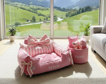 Luxury Pink Dog Bed with Bow – Soft Personalized Pet Sofa for Dogs