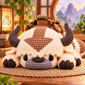 May include: A cream-colored crochet plush toy resembling a bison with dark brown curved horns, a brown arrow pattern on its head, and a light gray muzzle. The creature has large black eyes, brown paws, and a brown saddle-like pack on its back.