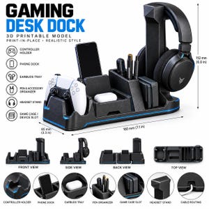 May include: A black gaming desk dock with blue accents, featuring a headset stand, controller holder, phone dock, earbuds tray, pen organizer, and game case slot. Dimensions are 180 mm (7.1 in) long, 85 mm (3.3 in) wide, and 152 mm (6.0 in) high.