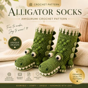 Wzór na szydełkowe skarpetki z aligatora w formacie PDF, kapcie z krokodyla, obuwie z motywem zwierząt amigurumi, wzór na szydełkowanie dla początkujących