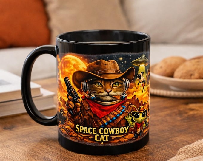 Featured listing image: Space Cowboy Cat Mug – Unique Sci-Fi Coffee Gift for Cat Lovers