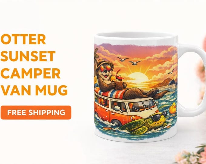 Featured listing image: Otter Sunset Camper Van Mug – Cute Tropical Animal Coffee Cup, Beach Vibes Gift, Summer Ocean Illustration