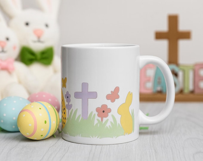Featured listing image: Easter Mug Bunny Cross Multicoloured Silhouette Spring Wrap Christian Gift Pastel Ceramic Coffee Cup UK Handmade Religious Easter PresentCup