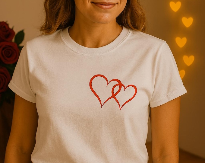Featured listing image: Double Heart T-Shirt | Minimalist Valentine’s Graphic Tee, Red Interlinked Hearts, Romantic Couple Gift Shirt